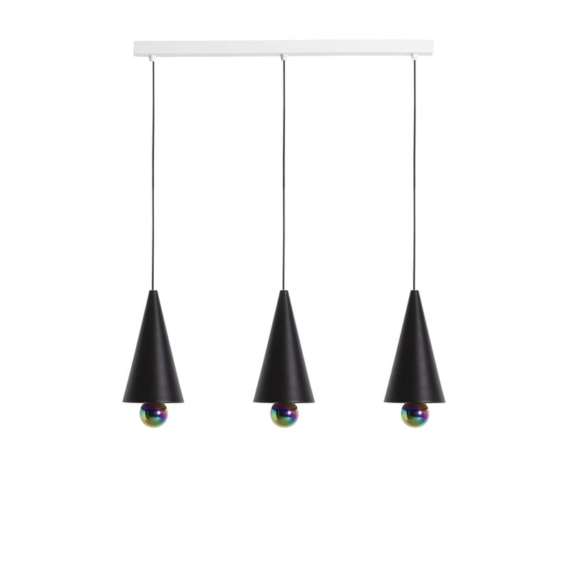 Luminaire - Suspensions - Suspension Cherry Line métal noir / LED - L 90 cm / 3 abat-jours Small - Petite Friture - Noir / Sphère iridescente - Aluminium