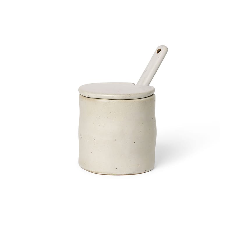 Table et cuisine - Boîtes et conservation - Pot Flow céramique blanc / Avec cuillère - Ferm Living - Blanc cassé moucheté - Porcelaine émaillée