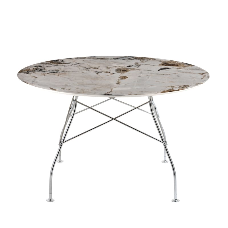 Mobilier - Tables - Table ronde Glossy Marble / Ø 128 cm - Grès effet marbre - Kartell - Tons brun & beige / Pied chromé - Acier chromé, Grès effet marbre