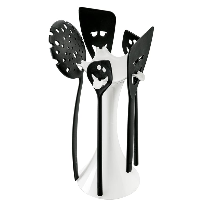 Table et cuisine - Ustensiles de cuisines - Set ustensiles de cuisine Meeting point plastique blanc noir / 5 pièces + support - Koziol - Blanc, noir - Plastique recyclé