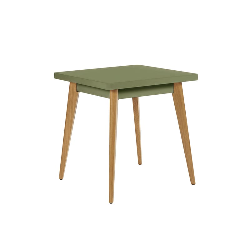 Mobilier - Tables - Table carrée 55 métal vert / Pieds chêne - 70 x 70 cm - Tolix - Olive (mat fine texture) / Chêne - Acier laqué, Chêne massif PFC