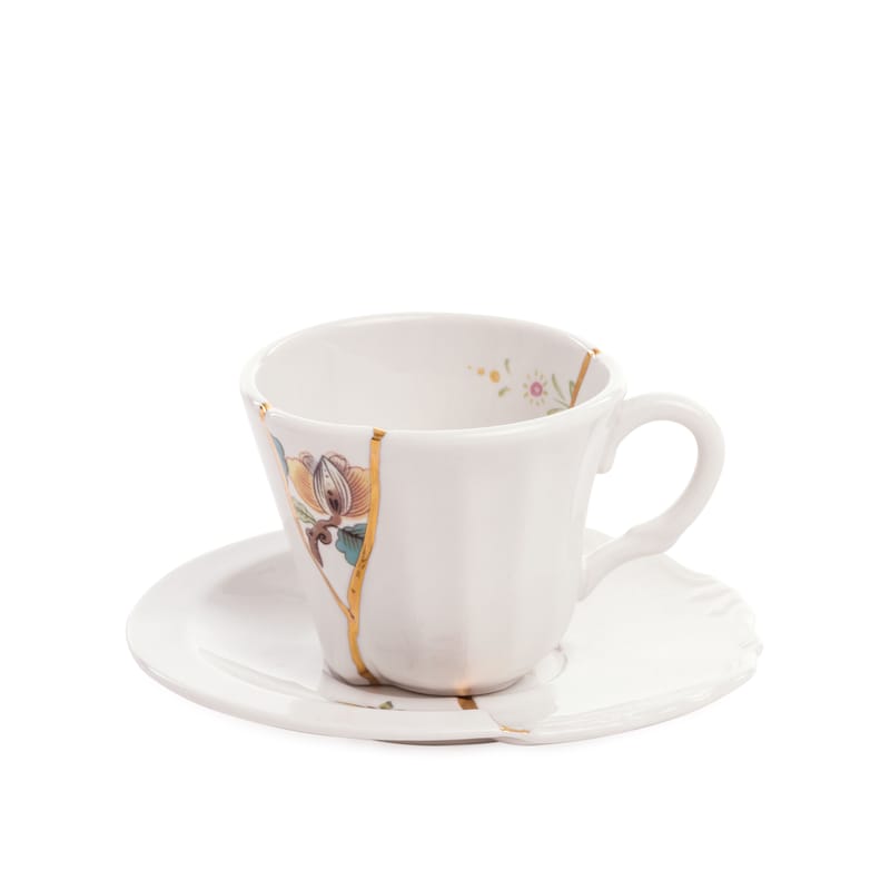 Table et cuisine - Thé et café - Tasse à café Kintsugi céramique blanc / Set tasse à café avec soucoupe - Seletti - Blanc & or / Fleur multicolore - Or, Porcelaine