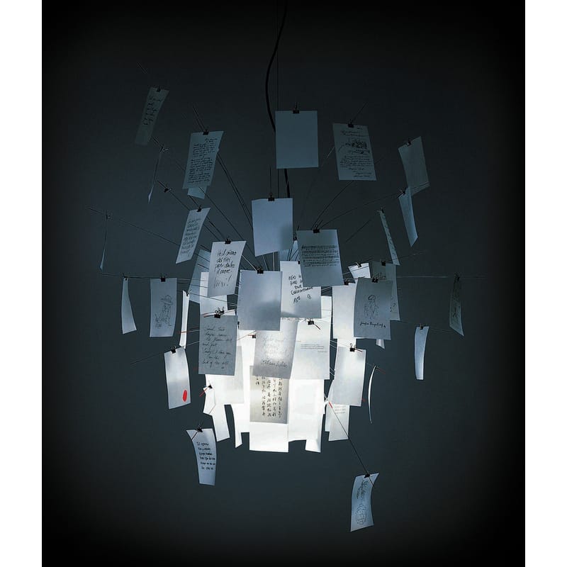 Luminaire - Suspensions - Suspension Zettel\'z 5 métal papier blanc / Ingo Maurer, 1997 - Ingo Maurer - Inox / Papier blanc et imprimé - Ø 120 cm - Métal, Papier