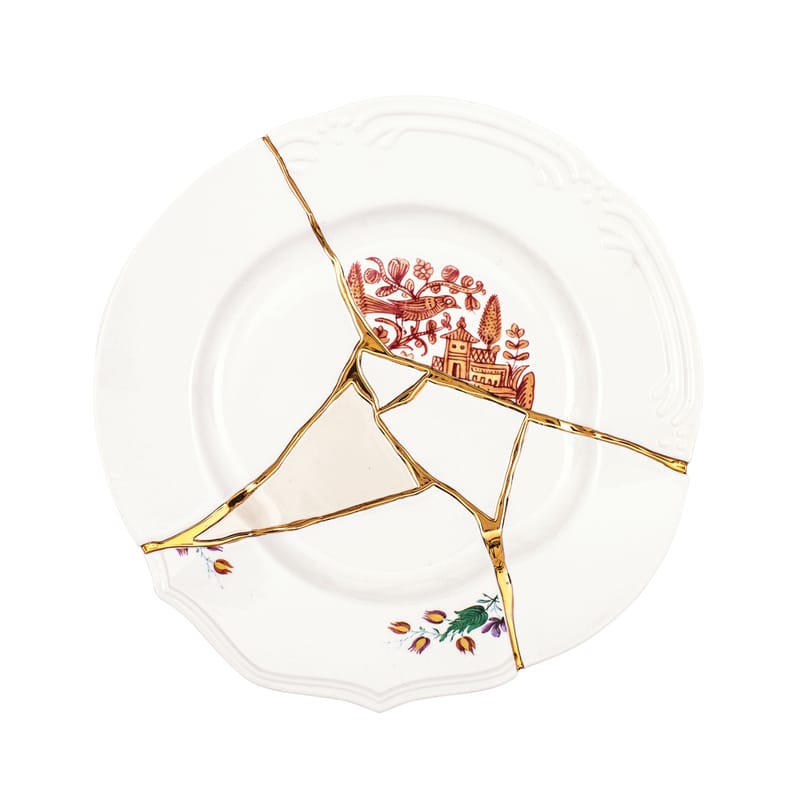 Table et cuisine - Assiettes - Assiette Kintsugi céramique blanc / or fin - Seletti - Blanc & or / Motifs rouges - Or, Porcelaine