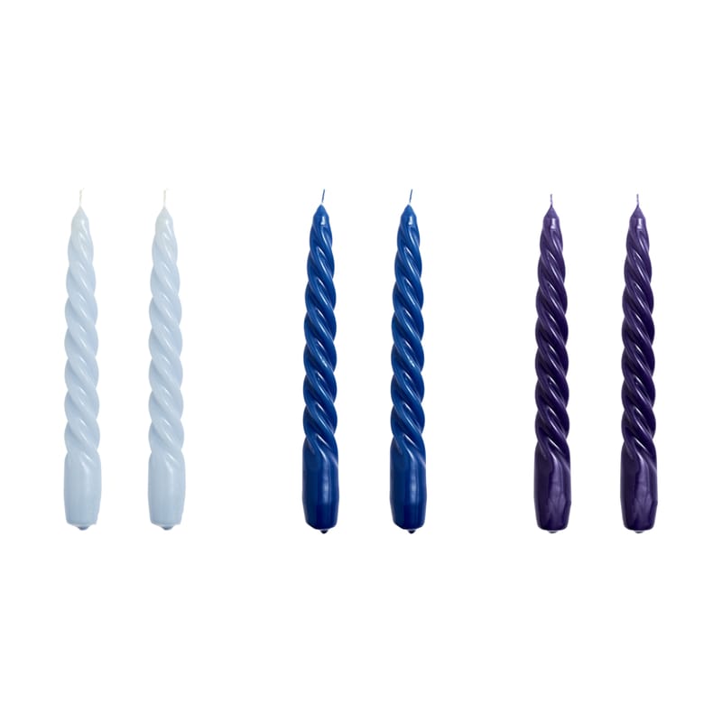 Décoration - Bougeoirs, photophores - Bougie longue Twist cire bleu / Set de 6 - Hay - Bleu clair / Bleu / Violet - Paraffine