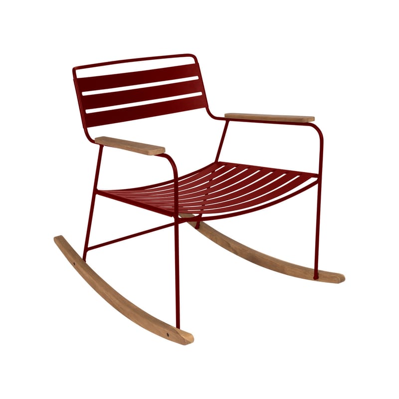 Mobilier - Fauteuils - Rocking chair Surprising métal rouge / teck - Fermob - Piment - Acier, Teck