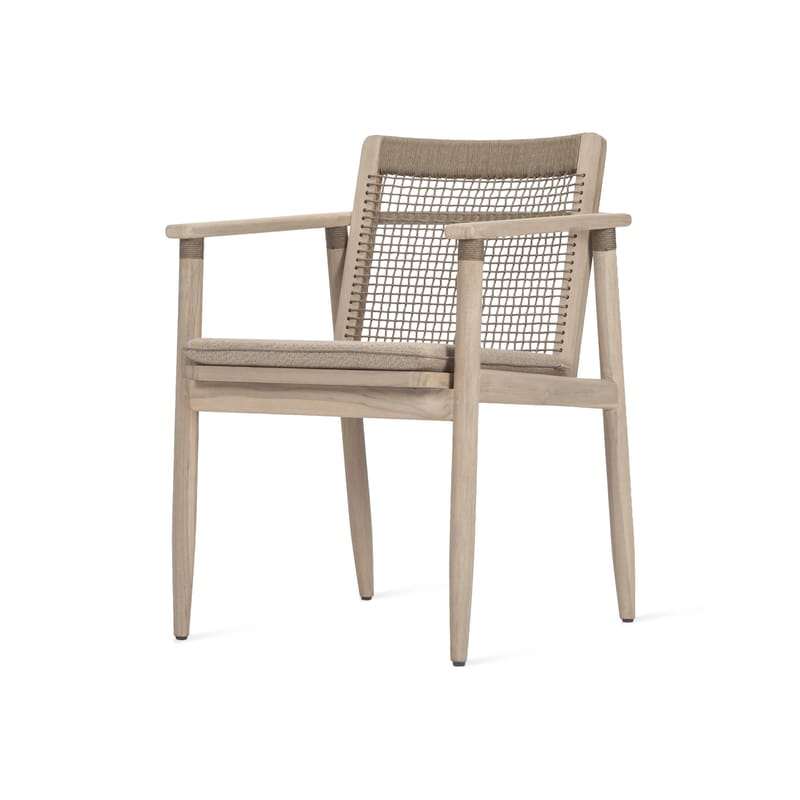 Furniture - Chairs - David Armchair textile beige natural wood / Aged teak & cord backrest - Seat cushion - Vincent Sheppard - Beige & aged teak / Greige cord - Aged solid teak, Foam, Outdoor fabric, Polypropylene rope