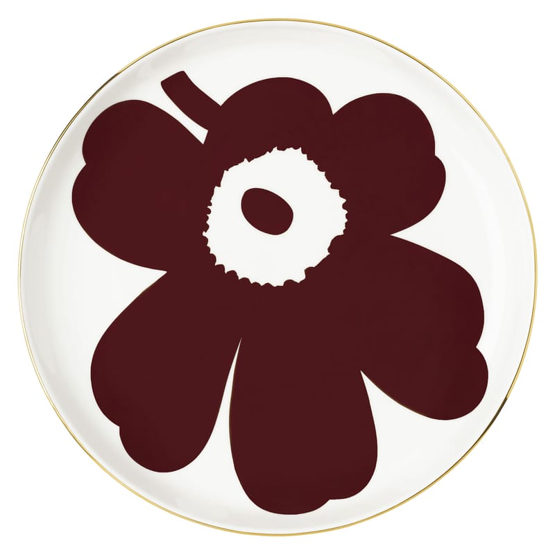 Table et cuisine - Assiettes - Plat de présentation Juhla Unikko céramique rouge / Ø 32 cm - Marimekko - Juhla Unikko / Bordeaux & or - Grès