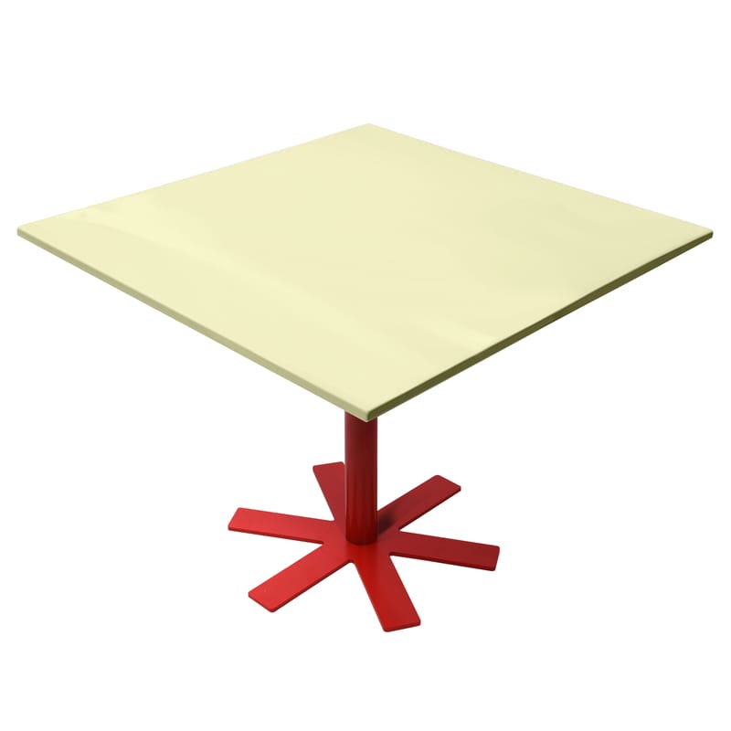 Mobilier - Tables - Table carrée Parrot métal jaune rouge / 90 x 90 cm - Unie - Petite Friture - Jaune pastel / Pied rouge - Acier émaillé, Acier thermolaqué