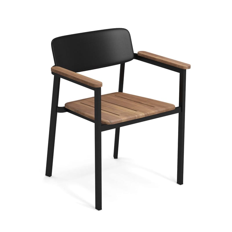 Mobilier - Chaises, fauteuils de salle à manger - Fauteuil empilable Shine métal noir bois naturel / Assise & accoudoirs teck - Emu - Noir / Teck - Aluminium verni, Teck FSC