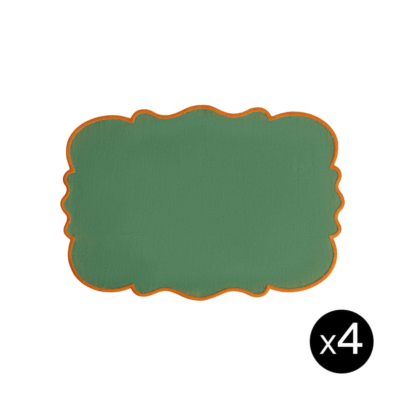 Tendances - Petits prix - Set de table Smerlo tissu vert / Set de 4 - 33 x 48 cm - Bitossi Home - Vert / Bord orange - Coton, Lin