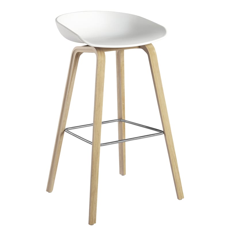 Furniture - Bar Stools - About a stool Bar stool - H 75 cm - Plastic & wood legs by Hay - White & Natural wood base - Oak, Polypropylene