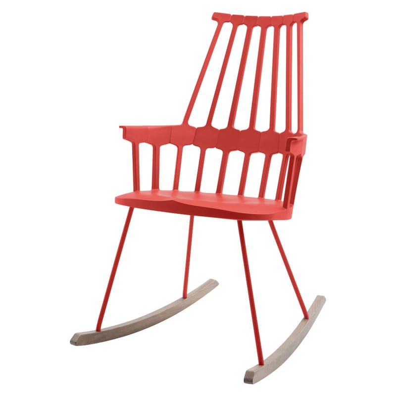 Furniture - Armchairs - Comback Rocking chair plastic material red natural wood - Kartell - Orange red / Wood - Thermoplastic technopolymer, Tinted ashwood