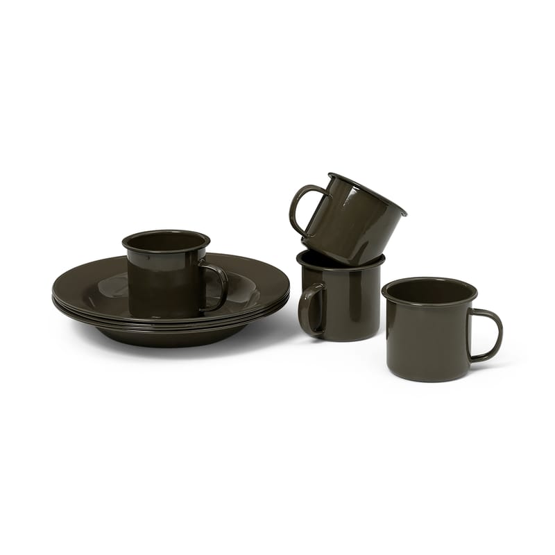Table et cuisine - Assiettes - Set vaisselle Yard Picnic métal vert / Set 8 pièces - Ferm Living - Vert olive - Acier carbone émaillé