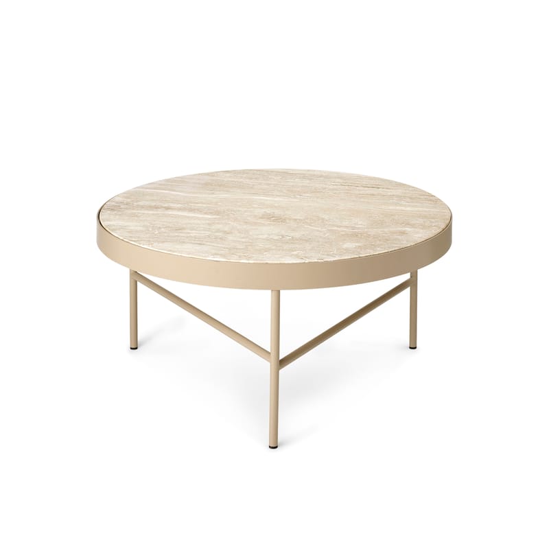 Furniture - Coffee Tables - Travertine Large Coffee table stone beige / Large - Ø 70.5 x H 35 cm - Ferm Living - Beige Travertine stone / Cashmere beige base - Powder coated steel, Travertine