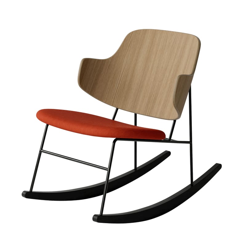 Mobilier - Fauteuils - Rocking chair The Penguin (1953) tissu bois naturel / Assise rembourrée - Audo Copenhagen - Chêne / Tissu rouge / Noir - Acier, Placage de chêne, Tissu Kvadrat