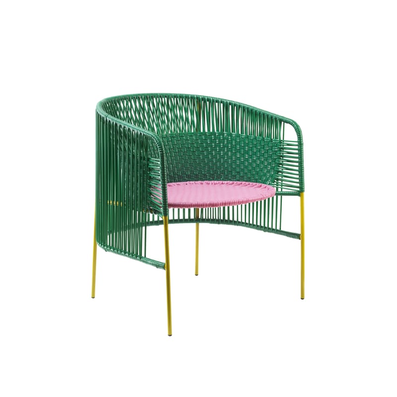 Möbel - Lounge Sessel - Sessel Caribe Lounge plastikmaterial grün - ames - Grün & rosa / Stuhlbeine curry - Recycelte Kunststoffdrähte, Thermolackierter verzinkter Stahl