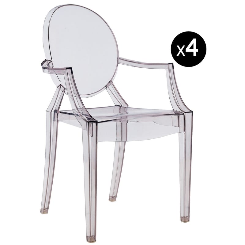 Furniture - Chairs - Louis Ghost Stackable armchair plastic material grey Polycarbonate - Set of 4 - Kartell - Transparent black - Polycarbonate 2.3