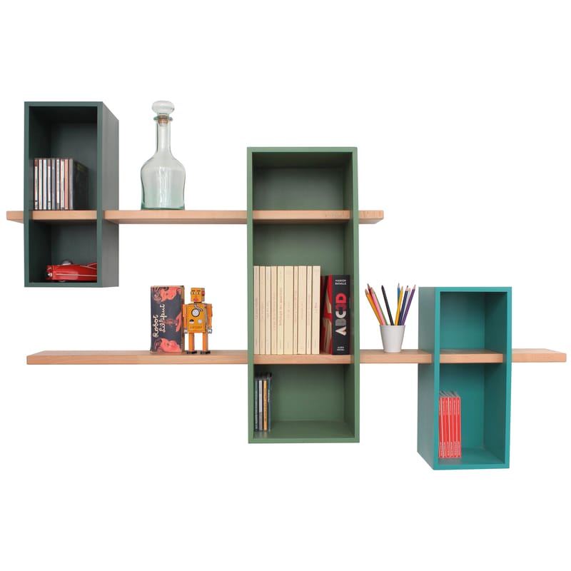 Furniture - Bookcases & Bookshelves - Max XL Shelf - Double - 3 boxes + 2 shelves by Compagnie - Pin green / Reseda green / Turquoise - Natural beechwood, Painted MDF