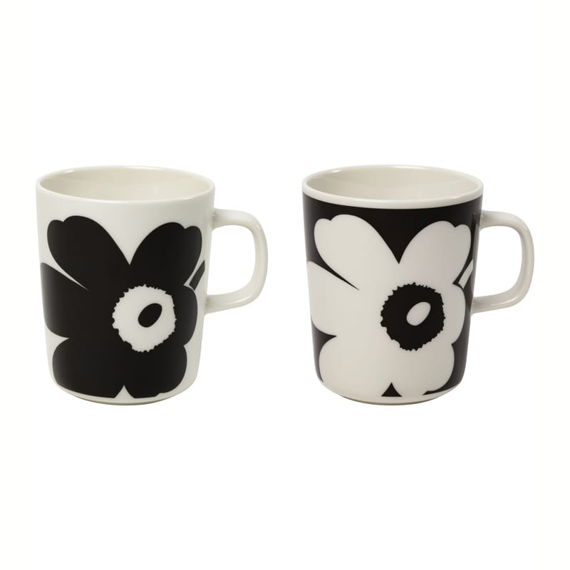 Table et cuisine - Tasses et mugs - Mug Juhla Unikko céramique blanc noir / 25 cl - Set de 2 - Marimekko - Juhla Unikko / Noir - Grès