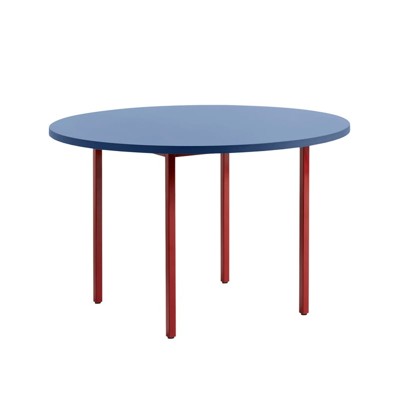 aktion - Ihre Design-Favoriten - Runder Tisch Two-Colour corian blau / Ø 120 cm - MDF Valchromat® - Hay - Tischplatte blau / Beine bordeaux - lackierter Stahl, Valchromat® MDF