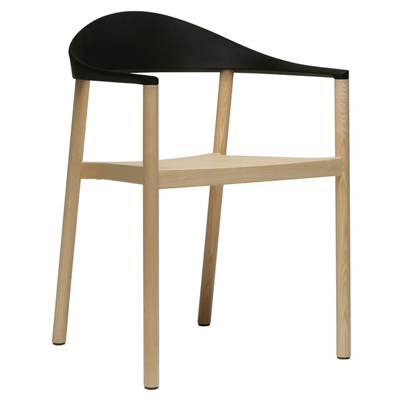 Mobilier - Chaises, fauteuils de salle à manger - Fauteuil empilable Monza plastique noir bois naturel - Plank - Bois naturel / Dossier noir - Frêne verni, Polypropylène