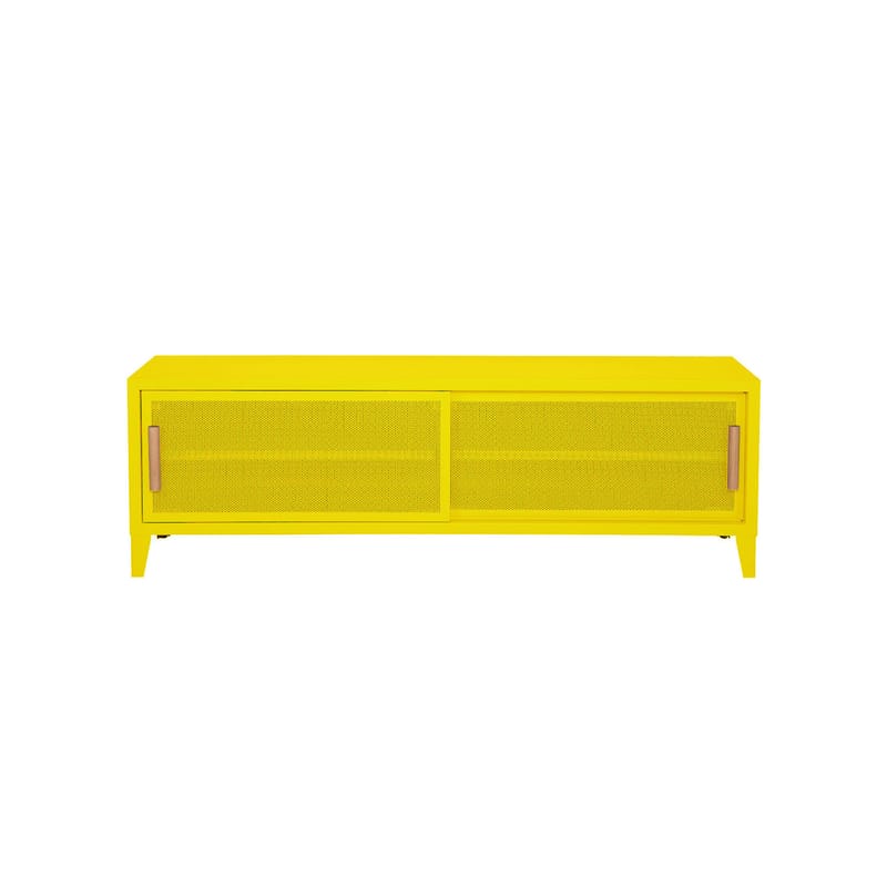 Mobilier - Commodes, buffets & armoires - Meuble TV B2 Bas Perforé métal jaune / L 120 x H 51 cm - Poignées chêne - Tolix - Citron (mat fine texture) - Acier, Chêne
