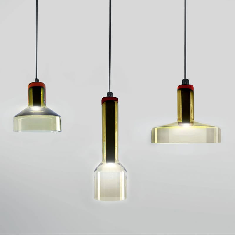 Luminaire - Suspensions - Suspension Stab Light Triple verre vert / Set 3 suspensions - artisanal - Danese Light - Vert-ambre - Métal, Verre soufflé-moulé