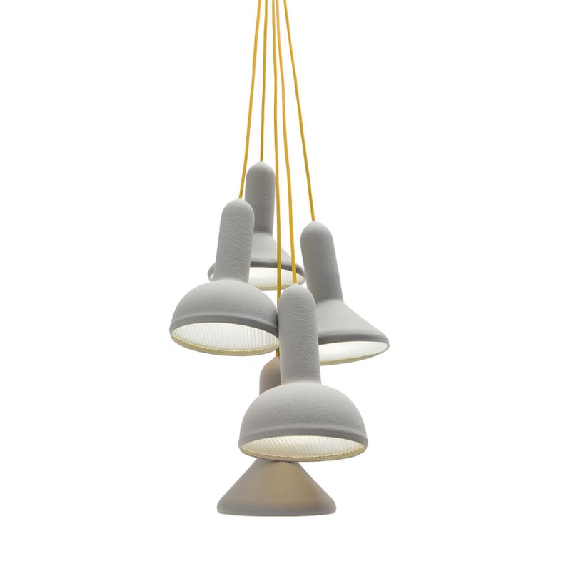Luminaire - Suspensions - Suspension Torch Light plastique gris / 5 abat-jours - Established & Sons - Gris / Câbles jaunes - Polycarbonate, PVC finition soft touch