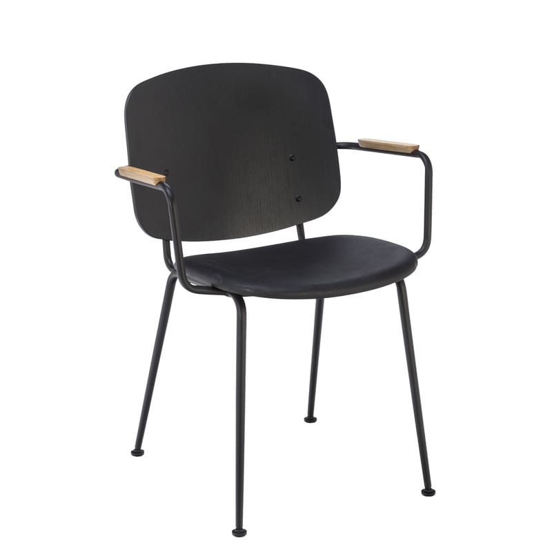 Mobilier - Chaises, fauteuils de salle à manger - Fauteuil Grapp métal cuir bois noir - Houe - Noir / Chêne - Chêne huilé, Contreplaqué, Cuir, Métal