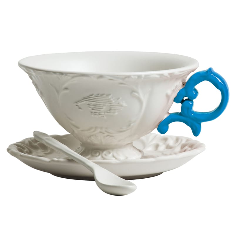 Table et cuisine - Tasses et mugs - Tasse à thé I-Tea céramique blanc bleu / Set tasse + soucoupe + cuillère - Seletti - Blanc / Anse bleu clair - Porcelaine