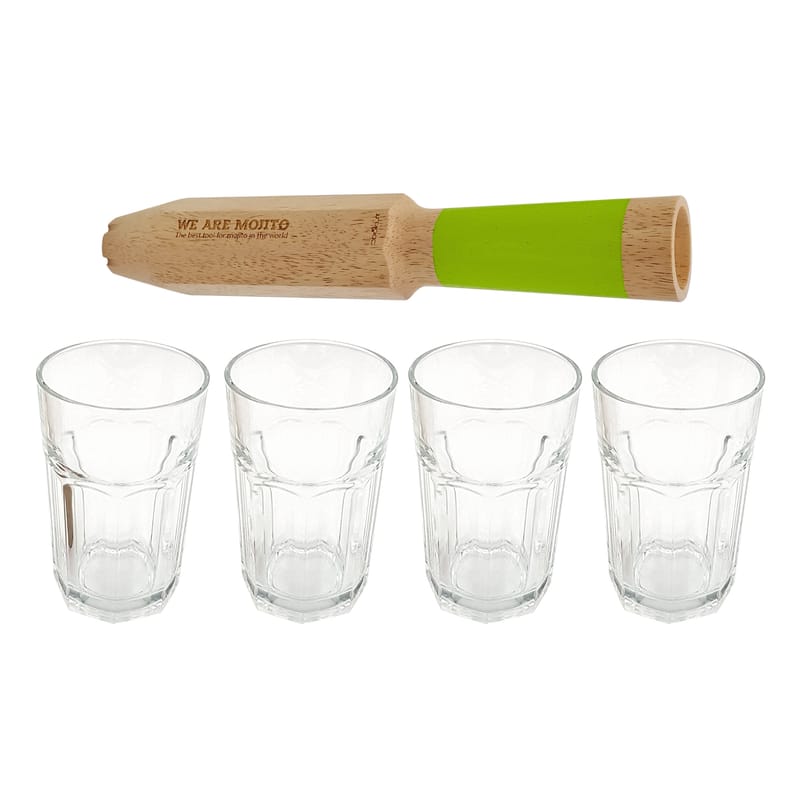 Tisch und Küche - Gläser - Mojito-Set We Are Mojitos glas transparent holz natur / 4-in-1-Accessoire + 4 Gläser - Geschenkbox - Cookut - Holzfarben & grün / transparent - Glas, Holz