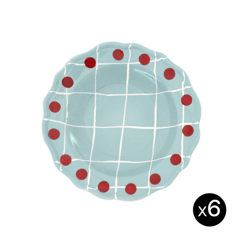 Table et cuisine - Assiettes - Assiette creuse Quadri céramique bleu / Set de 6 - Ø 23 cm / Peint à la main - Bitossi Home - Bleu / Pois rouge - Porcelaine