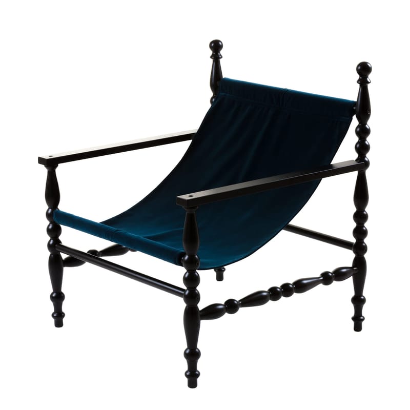 Mobilier - Chaises, fauteuils de salle à manger - Fauteuil Heritage tissu bois bleu / Intérieur & extérieur - Seletti - Noir & velours bleu - Bois de hêtre, Velours