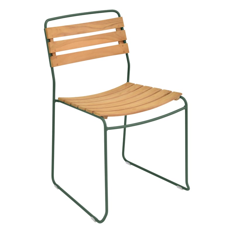 Furniture - Chairs - Surprising Stacking chair green natural wood / Wood & metal - Fermob - Cedar Green / Wood - Oiled teak, Painted steel