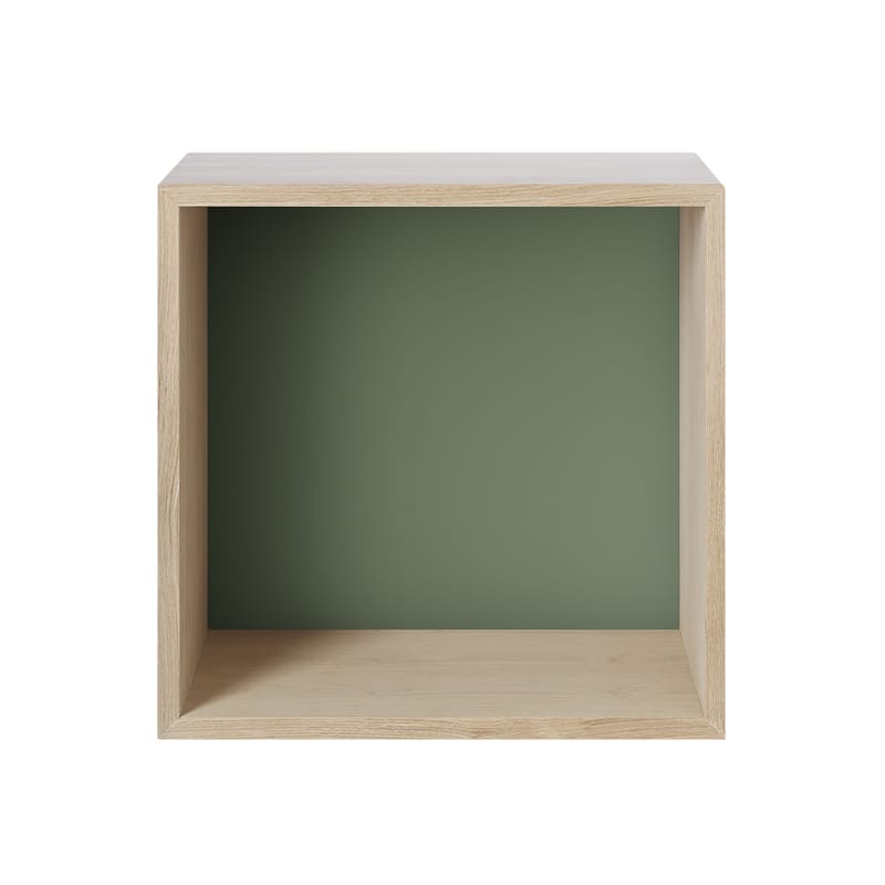 Möbel - Regale und Bücherregale - Regal Mini Stacked 2.0 grün holz natur / Größe M - quadratisch - 33 x 33 cm / mit farbiger Rückwand - Muuto - Eiche / Rückwand graugrün - MDF Eichenfurnier, mitteldichte bemalte Holzfaserplatte