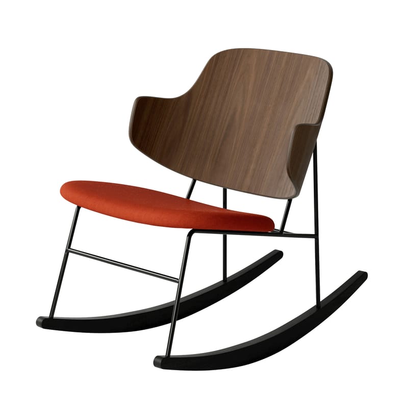 Mobilier - Fauteuils - Rocking chair The Penguin (1953) tissu bois naturel / Assise rembourrée - Audo Copenhagen - Noyer / Tissu rouge / Noir - Acier, Placage de noyer, Tissu Kvadrat