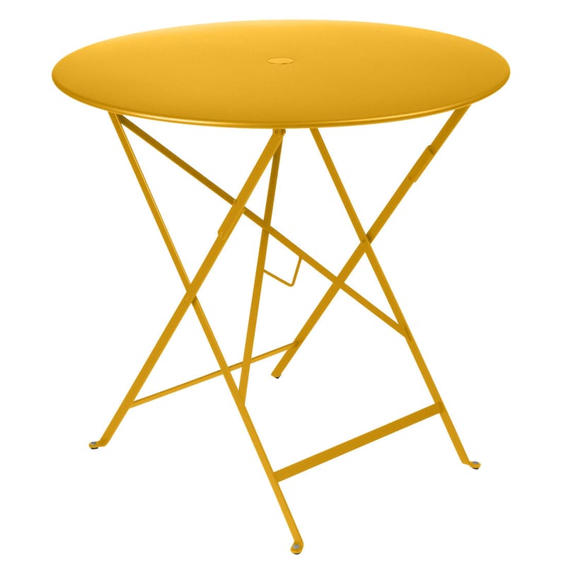 Jardin - Tables de jardin - Table pliante Bistro métal jaune /Ø 77 cm - 3/4 personnes - Trou pour parasol - Fermob - Miel texturé - Acier laqué