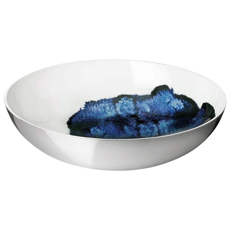 Tisch und Küche - Salatschüsseln und Schalen - Salatschüssel Stockholm Aquatic keramik weiß blau metall / Ø 40 cm x H 11 cm - Stelton - Außenseite metallfarben / Innenseite weiß & blau - Aluminium, emaillierte Keramik