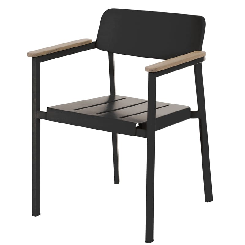 Mobilier - Chaises, fauteuils de salle à manger - Fauteuil empilable Shine métal noir / accoudoirs bois - Emu - Noir / Accoudoirs teck - Aluminium verni, Teck