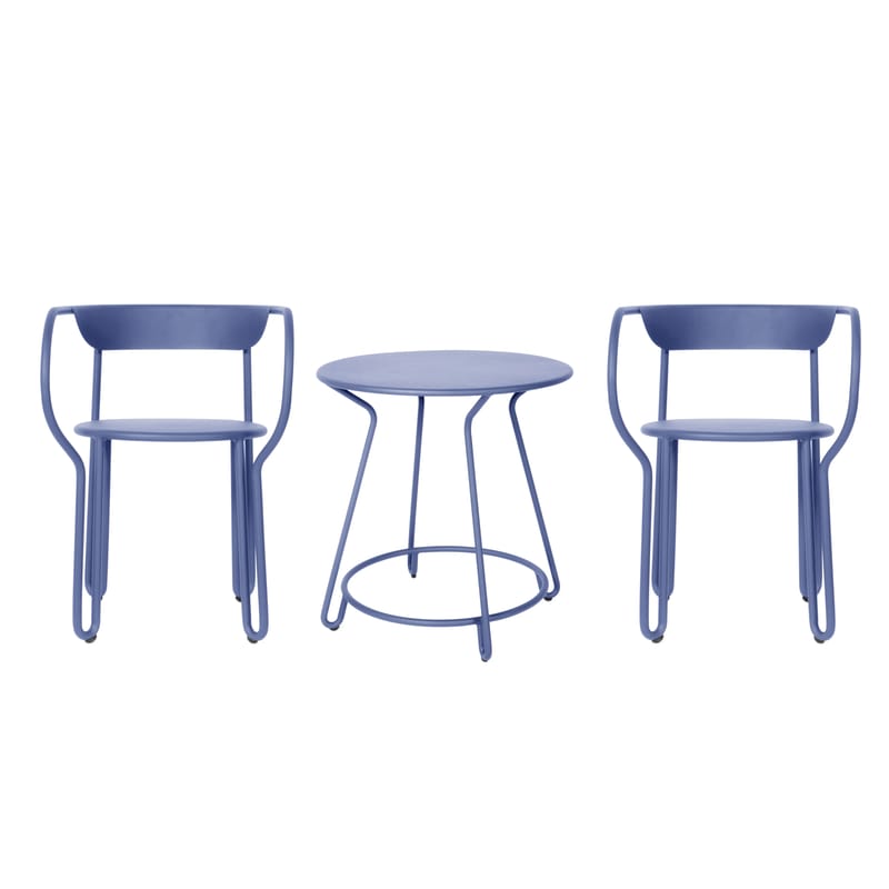 Jardin - Tables de jardin - Set table & assises Huggy métal bleu / Table Ø 75 cm + 2 fauteuils - Maiori - Bleu Aube - Aluminium peint