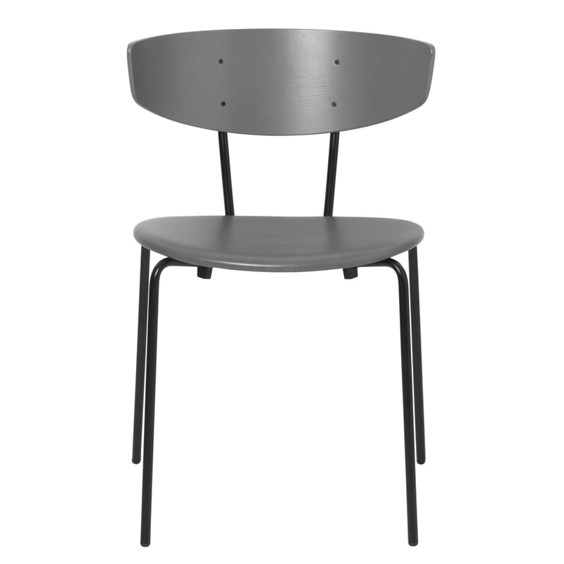 Mobilier - Chaises, fauteuils de salle à manger - Chaise empilable Herman cuir bois gris - Ferm Living - Gris / Cuir gris - Acier laqué époxy, Contreplaqué de chêne laqué, Cuir