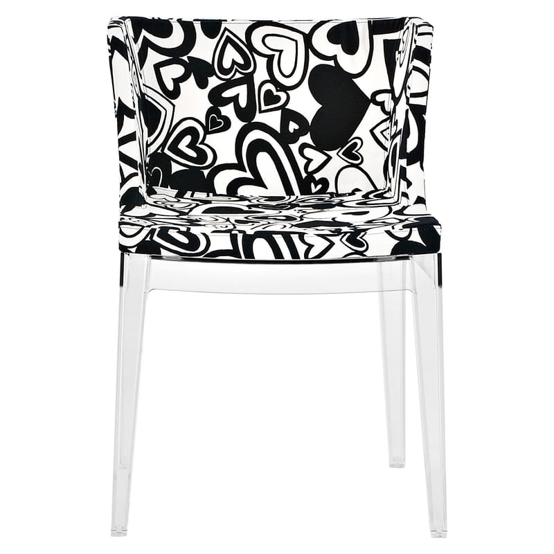 Mobilier - Chaises, fauteuils de salle à manger - Fauteuil rembourré Mademoiselle Moschino tissu blanc noir transparent / pieds transparents - Kartell - Coeurs noirs - Polycarbonate, Tissu