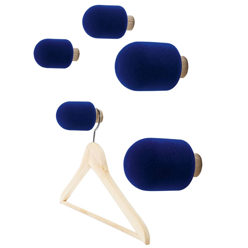 Mobilier - Portemanteaux, patères & portants - Patère Micro tissu bleu / Set de 5 - Moustache - Bleu - Frêne, Mousse floquée