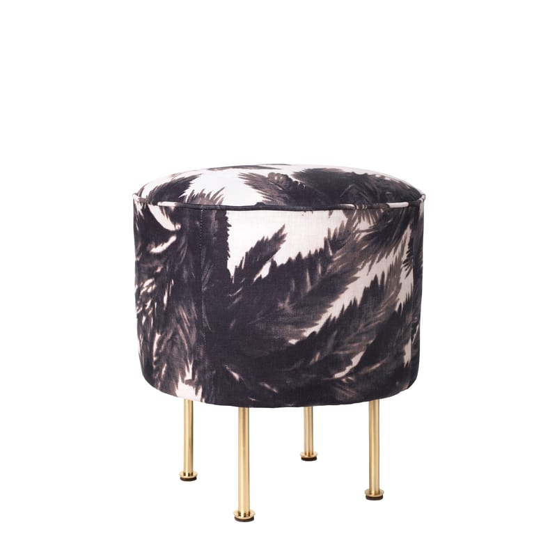 Furniture - Poufs & Floor Cushions - Modern Line Pouf metal textile white black /Grossman - Ø 38 cm – Reissue 1949 - Gubi - Black palm trees/Brass legs - Fabric, Foam, Plated steel, Wood