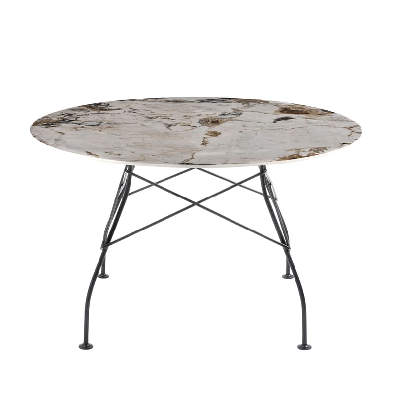 Mobilier - Tables - Table ronde Glossy Marble / Ø 128 cm - Grès effet marbre - Kartell - Tons brun & beige / Pied noir - Acier laqué, Grès effet marbre