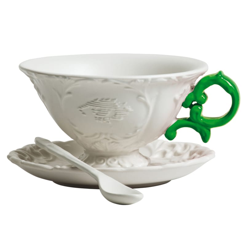 Table et cuisine - Tasses et mugs - Tasse à thé I-Tea céramique blanc vert / Set tasse + soucoupe + cuillère - Seletti - Blanc / Anse vert - Porcelaine