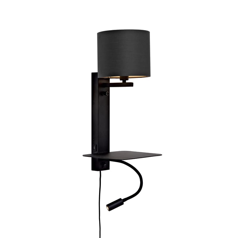 Luminaire - Appliques - Applique avec prise Florence métal noir / Liseuse LED, étagère & port USB - It\'s about Romi - Noir - Coton, Fer