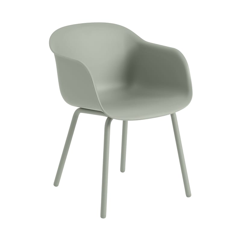 Mobilier - Chaises, fauteuils de salle à manger - Chaise Fiber OUTDOOR plastique vert / Plastique recyclé - Muuto - Vert Dusty - Acier thermolaqué, Plastique 100% recyclé