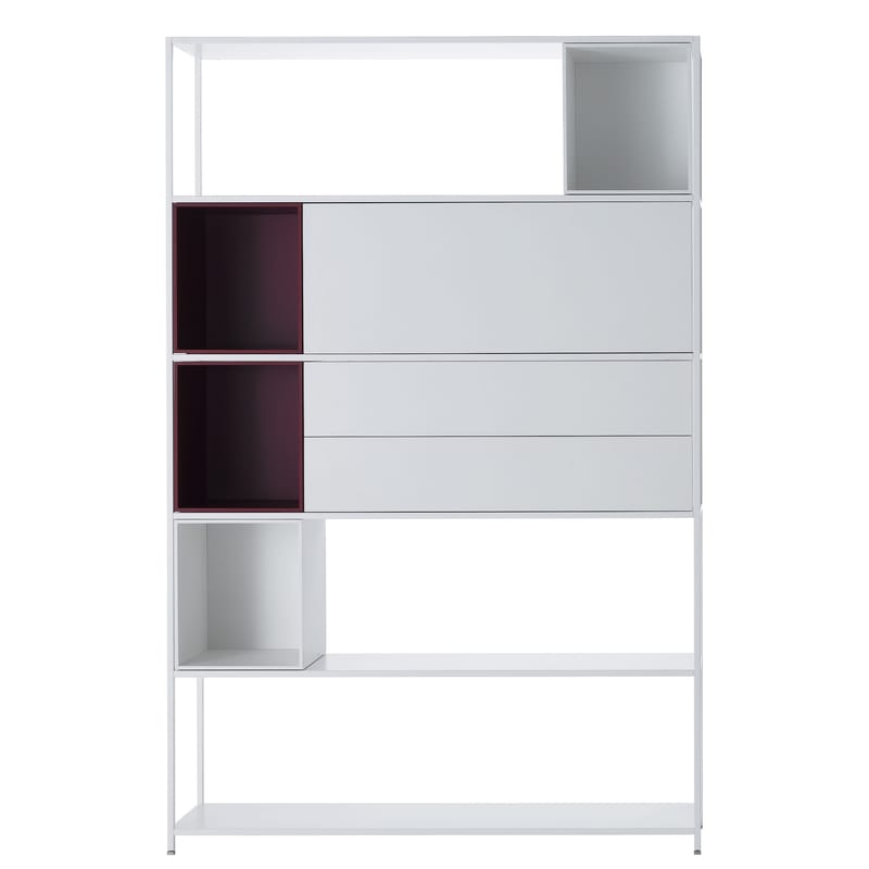 Furniture - Bookcases & Bookshelves - Minima 3.0 Bookcase metal white red purple / W 120 x H 188 cm - Integrated boxes - MDF Italia - White / White and red boxes - Aluminium, Wood fibre
